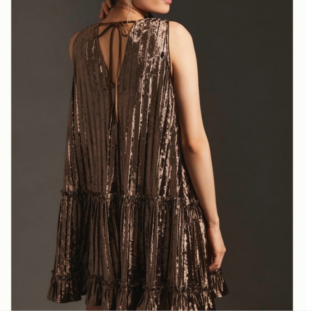 Anthropologie En Saison Madeline Crinkled Tiered Velvet Dress in Brown - Picture 3 of 6